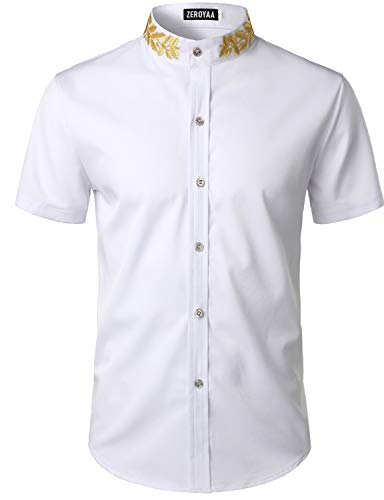 ZEROYAA Mens Hipster Gold Embroidery Mandarin Collar Slim Fit Short Sleeve Casual Dress Shirts