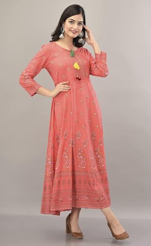 Image of Aj Art Anarkali Kurti for Women and Girls Floral Golden Print Regular Slim Fit Rayon Blue (Set of 1)