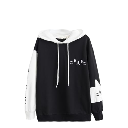 Feigujin Women Kawaii Cat Ear Hoodie Cute Japanese Anime Hooded Sweatshirt Preppy Meow Graphic Pullover Clothes Fall Winter (Black,M,Medium)