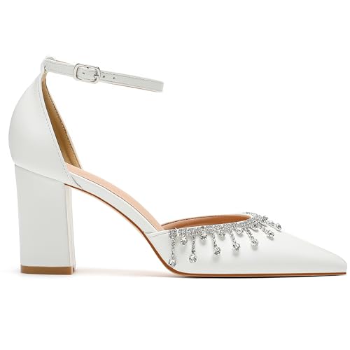Bridal Heels for Wedding with Crystal Rhinestone, Block Heel Pointed Toe Women's Pumps, Closed Toe Heels for Women3