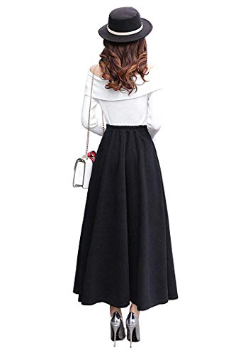 Women's Vintage High Waist Long Skirt A-line Fall/Winter Elegant Solid Wool Midi Skirt4