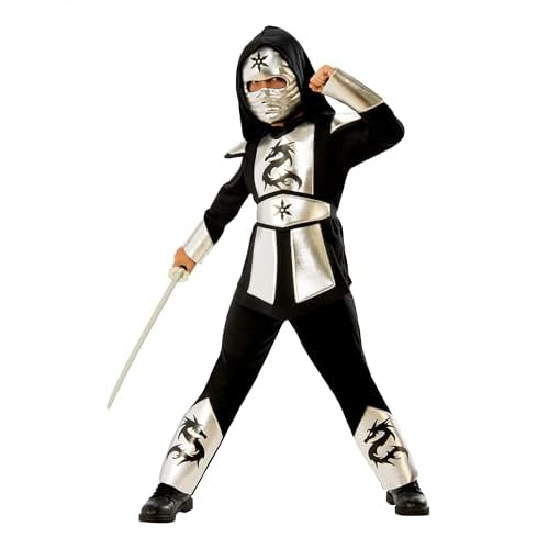 Rubies Disfraz Dragon Ninja Silver para niño, Camisa con Capucha, Pantalones, cinturón y máscara, para Carnaval, Cumpleaños
