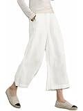 ECUPPER Womens Cotton Cropped Pants Loose Fit Wide Leg Capri Casual Plus Size Elastic Waist Trousers White XL