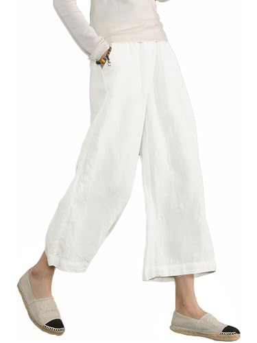 Image of ECUPPER Womens Cotton Cropped Pants Loose Fit Wide Leg Trousers | Casual, Plus Size, Elastic Waist, Capri, 100% Cotton, Slant Pockets, High Rise Waist, Lounge Pants