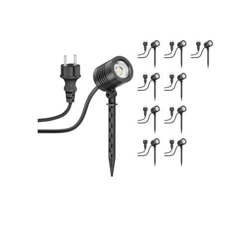 ledscom.de 10 pièces Petit projecteur de jardin LED avec piquet de terre TARL pour l'extérieur, IP65, fiche, noir, 4,3 W, 340lm, blanc chaud