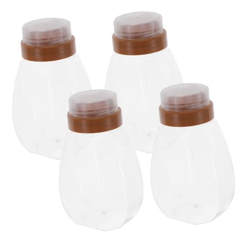 GANAZONO 4Pcs Clear Plastic Honey Dispenser Jars with Lids Refillable Honey Bottles with Spout for Syrup Sauces and Condiments Durable Transparent Containers for Kitchen