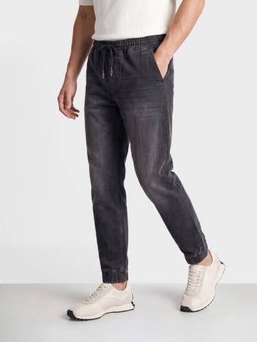 Image of THE INDIAN GARAGE CO Men Slim Fit Solid Mid-Rise Stretchable Denim Joggers