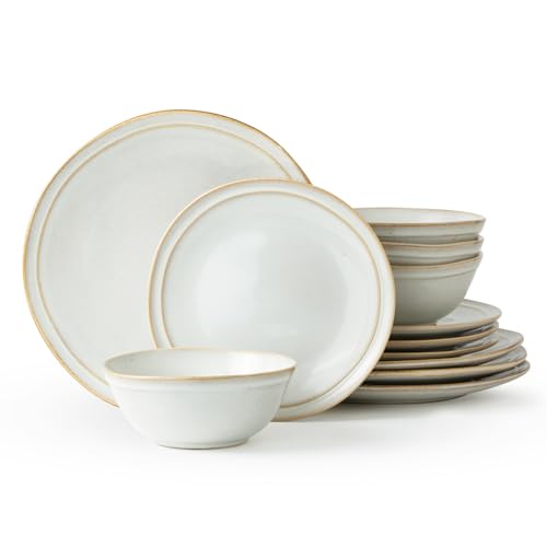 Famiware Aegean Stoneware Dinnerware Set for 4, Plates and Bowls Sets, 12-Piece Scratch-Resistant Dinner Plate Set, Handmade Irregular Round Dishes - Microwave and Dishwasher Safe, Cappuccino White by famiware - Used condition - US$27.54
