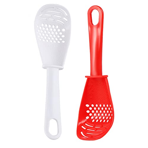 BuxiuGK 2Pcs Multifunctional Cooking Spoon,Kitchen Slotted Spoon Heat Resistant for Egg White Separator, Mashing Grating Garlic,Stirring,Scooping and Mixing,Red+White