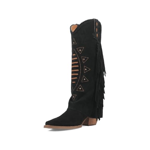 UniqueStride Women Fold Over Fringe Western Boots Tassels Suede Chunky Heel Cowboy Cowgirl Studded Stitching Snip Toe Boots