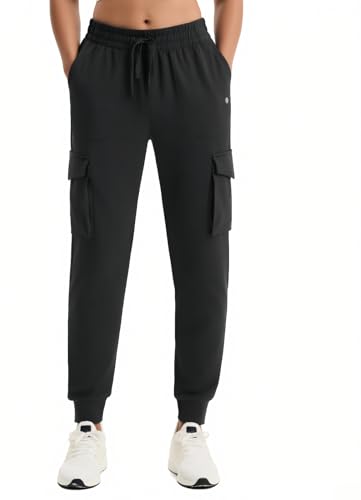 Emlovm Womens Fleece Lined Joggers Cargo Sweat Pants Winter Hiking Warm Sweatpants Waterproof Thermal Pocket Jogger for Cold Weather Snow Running Black L
