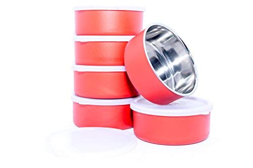 Homeish Microwave Safe Stainless Steel Small Lunch Containers for Office/Home - Set of 6 (Red, 6x11cms, 6x200ml Approx.)