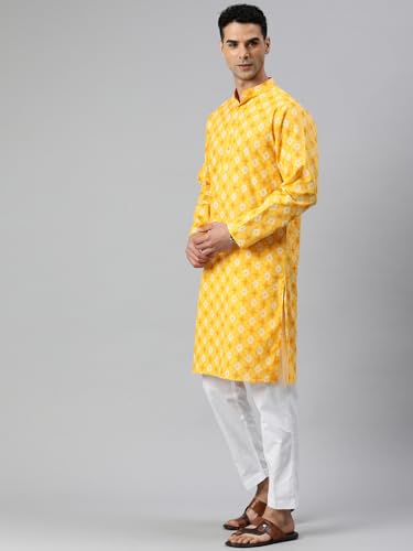 Image of Majestic Man Men's Cotton Regular Fit Casual Mandarin Collar Ethnic Motifs Printed Long Regular Kurta