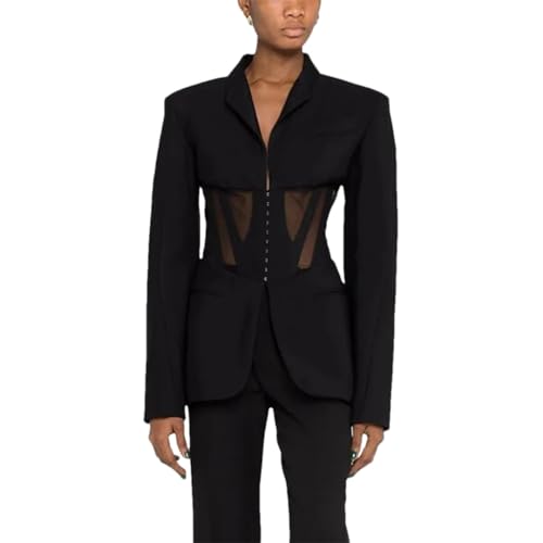 Women's Patchwork Transparent Mesh Blazer Notch Collar Long Sleeve Contrast Slim Fit Jacket