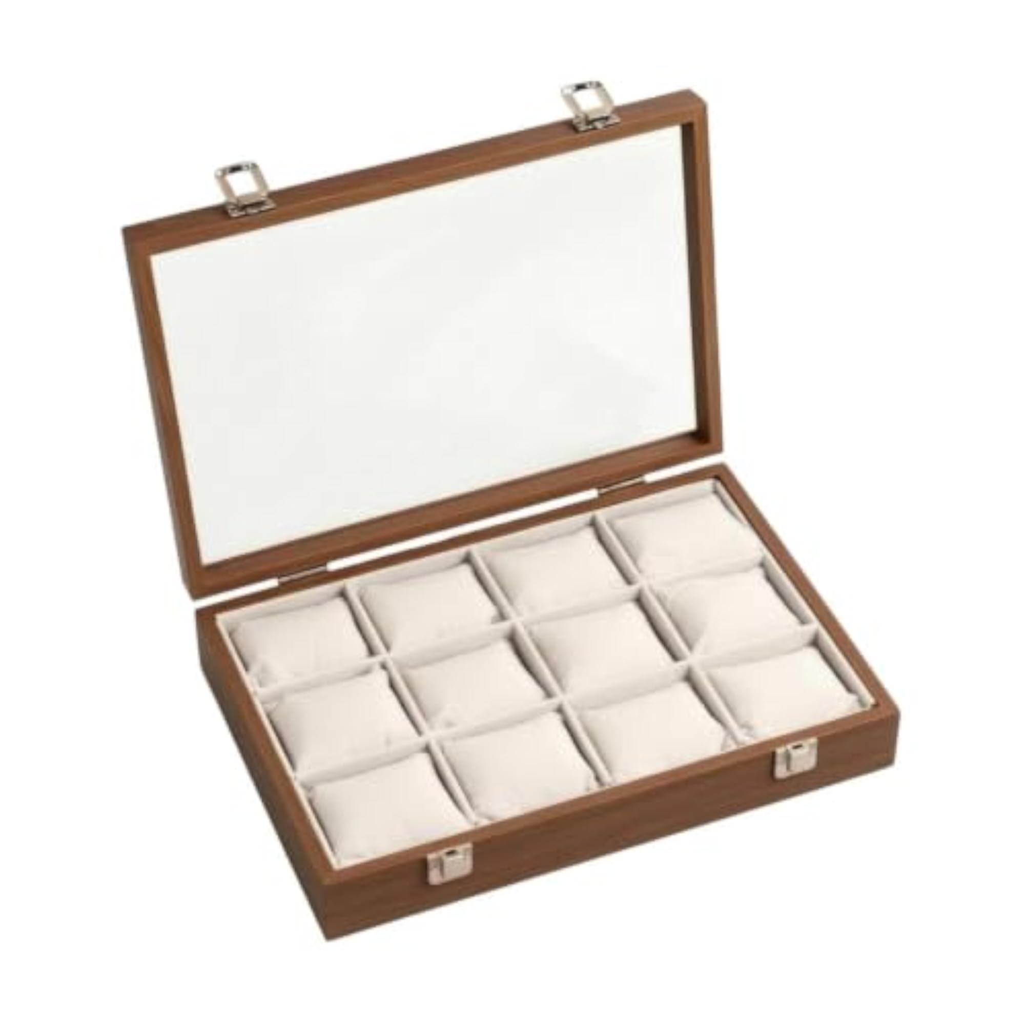 12-Slot Walnut Wood-Grain Watch Display Case, Gray