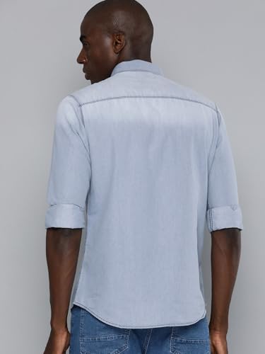 Image of The Indian Garage Co Men Slim Fit Solid Full Sleeves Cutaway Collar Double Flap Pocket Casual Denim Shirt