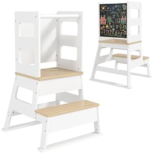 AIYAPLAY Torre de Aprendizaje 2 en 1 Taburete de Aprendizaje para Niños de +3 Años con Pizarra y Barrera de Seguridad para Baño Cocina 55×52,5×87,5 cm Blanco