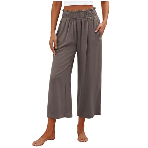 Womens Capri Pants with Pockets Summer Casual Wide Leg Palazzo Trousers High Waist Cotton Linen Capris Beach Outfits