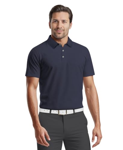 PGA TOUR Men's Airflux Short Sleeve Solid Golf Polo-Shirts, True Navy, S