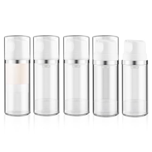 5 Pcs 100ml/3.4oz Clear Airless Lotion Pump Bottle Vacuum Cream Jars Plastic Moisturizer Dispenser Bottles Refillable Cosmetic Containers for Liquid Foundation Gel Shampoo