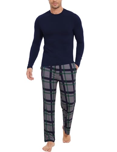 GYS Bamboo Viscose Men's Pajama Sets Long Sleeve Plaid Loungewear Sets with Pockets