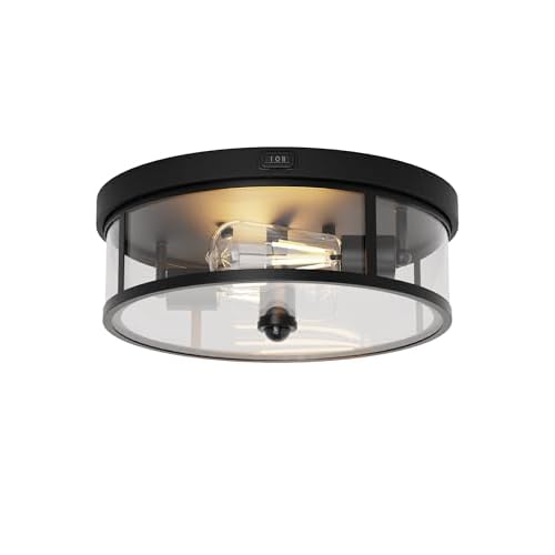 Outdoor Flush Mount Ceiling Light - 12.5in Motion Sensor Porch Light, 2-Light E26 Socket, Durable Iron & Clear Glass, Light Fixtures for Porch, Driveway, Covered Patio, Farmhouse 12.5 Inch 1