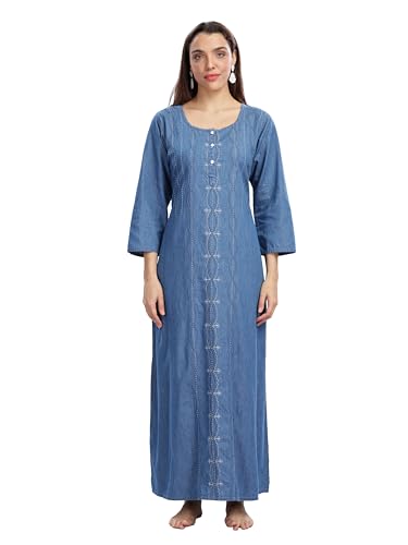 Image of 9shines Label Comfortable Cotton Denim Finish Nightdress for Women with Button Placket and Pocket(9SDLSS)