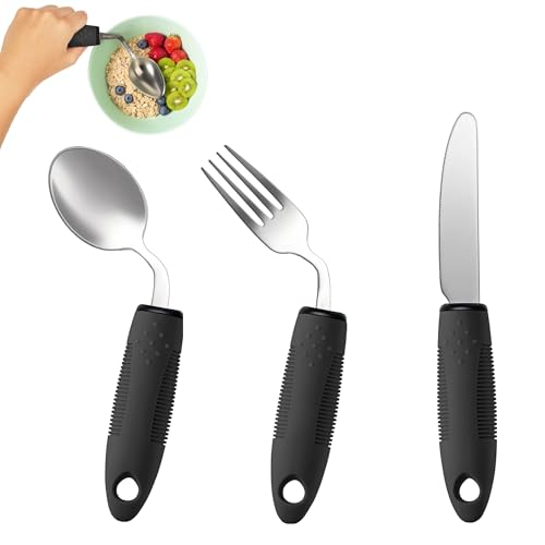 3-Piece Adaptive Utensils Set - 42° Angled Parkinsons Utensils, 2.5 oz Weighted Utensils for Tremors and Parkinsons Patients, Easy Grip Weighted Silverware for Hand Tremors (Right-Handed)