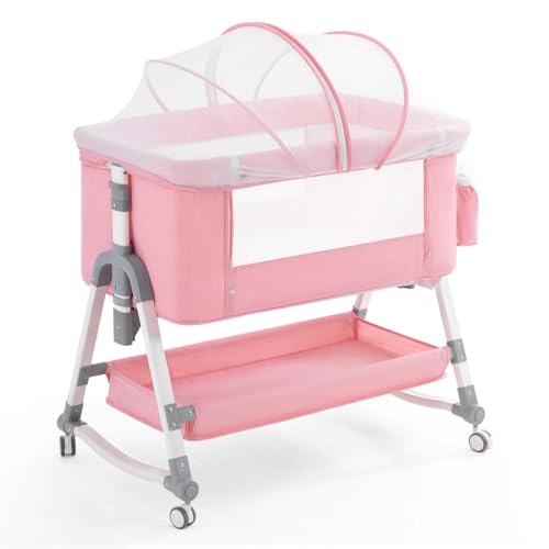 Image of 3 in 1 Baby Bassinet, Rocking Bassinets Bedside Sleeper with Comfy Mattress and Wheels, Height Adjustable Easy Folding Portable Bedside Crib for Newborn Infant,Light Pink