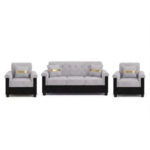 Image of FURNY Woodswave 5 Seater 3+1+1+2 Puffy Sofa Set for Living Room in Premium Velvet Finish (Light Grey-Black) | Durable & Comfortable | Ideal for Living Room