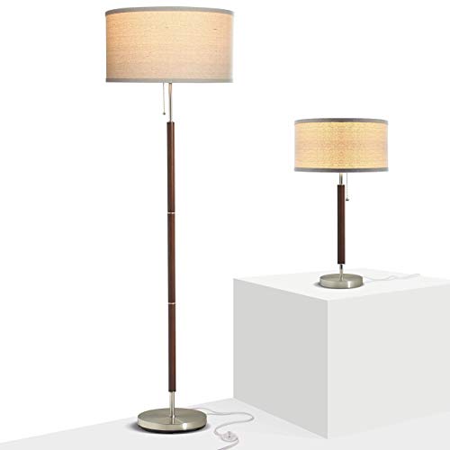 Brightech Carter Lamps For Bedroom Set Of 2 - Living Room And Bedside Lamp Lights Match Modern And Mid-Century Décor - Stainless Steel & Wood Finish - Modern Floor Lamp With Drum Shade And Led Bulbs #TOP25
