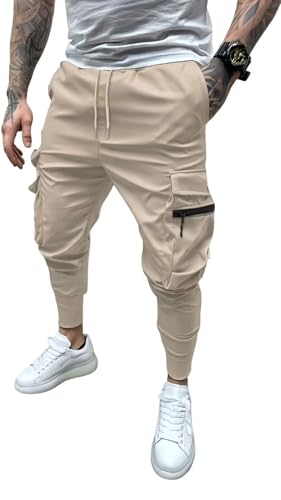 Men Casual Stretch Tapered Athletic Pants - Drawstring Cargo Sweatpants Travel Outdoor Hiking Pant with Pockets