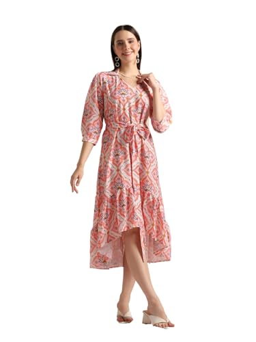 Image of Leriya Fashion Dresses for Women Crepe Abstract Print Belt Waisted High N Law with Ruffled Hem in Wrap-Up Western Dress Shopping College Holidays Office Wear Casual Dress for Girls