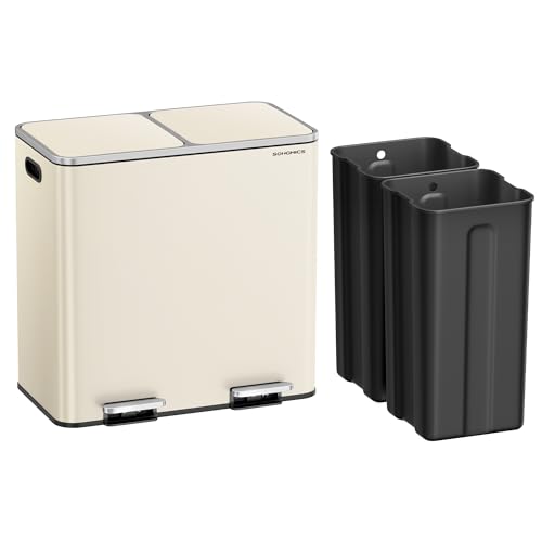 Image of SONGMICS Trash Can, 2 x 10.6 Gallon (2 x 40 L), Almond Color | with 15 Trash Bags, 2 Compartments, Plastic Inner Buckets and Hinged Lids, Airtight, Almond Color ULTB730A01V1
