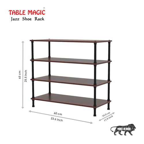 Image of TABLE MAGIC Jazz Shoe Rack 4T Multipurpose Shoe Rack Organizer Stand for Home 4 Shelfs Wood Steel D30 x W60 x H65cm (4 Tier, Mahogany)
