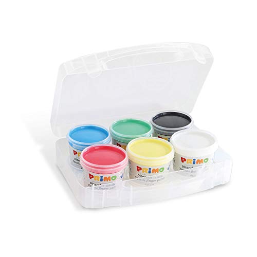 PRIMO - Gouache Farben Set Finger (ab 2 J.) 100g, Malkoffer für Kinder mit 6 Stofffarben, Fingerfarben Kinder Ungiftig Stoffmalerei Waschbeständig 30 °C, Textilfarbe Malset Dermatologisch Getestet