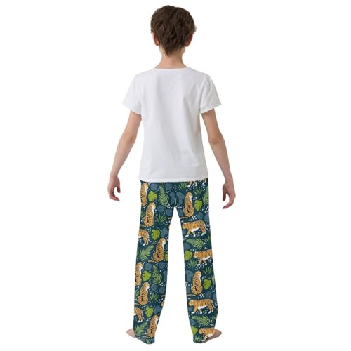 Tiger Tropical Leaves Boys Long Pants Soft Trousers Elastic Waist Kids Lounge Bottoms with Pockets S-XL3