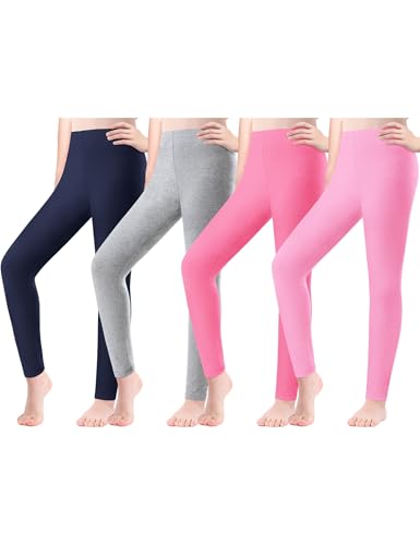 Girls Leggings 4 Pack Cotton Full Length Kids Teens Pants Toddler Footless Pull On Athletic Bottoms