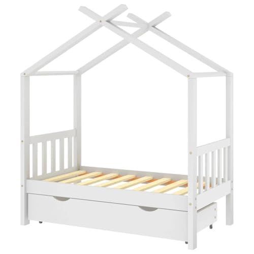 vidaXL Kinderbett mit Schublade, Kinder Bettrahmen für Kinderzimmer, Kinder Bettgestell mit viel Stauraum, Spielzeug Kinderhaus, Weiß 70x140 cm Massivholz Kiefer