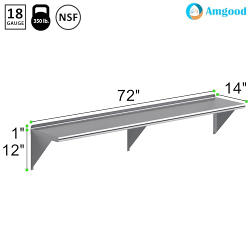 Image of AmGood 14 in. x 72 in. Stainless Steel Wall Shelf | NSF | Metal Shelving | Garage, Laundry, Storage, Utility Room | Restaurant, Commercial Kitchen