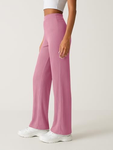 Image of Pinkmint Women High Waist Ribbed Wide Leg Trousers | Stretchable Palazzo Pants | Gym Yoga Workout Sports Activewear | Casual Lounge Travel Office Elastic Waist Flared Pants