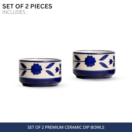 Image of Handpainted Floral Studio Pottery Ceramic Chutney Round Bowl /Pickle Bowl /Sauce Bowl /Dip Bowl /Small Katori Set (40 ML, Small, Set of 2, Blue and Blackand Off White)