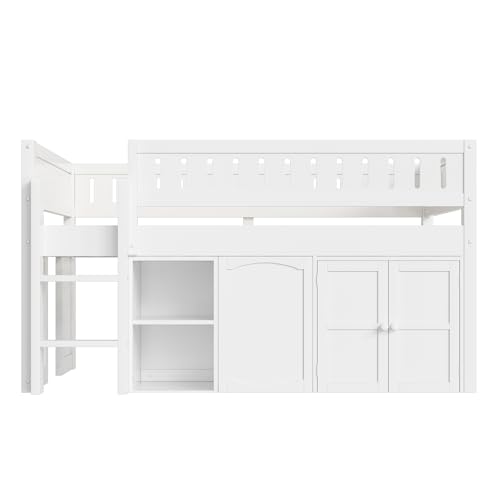 Image of Full Size Loft Bed with Storage Cabinet and Chalkboard Panel, Solid Wood Frame - Space-Saving Design for Kids /Teens Bedroom (White-A1)