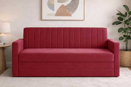 Image of Sofa-Cum-Bed | Three-Seater Convertible Couch with Armrest | Modern Fabric Sofa for Living Room, Bedroom & Office-Red-Color