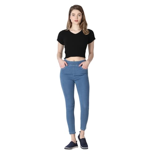 Image of 4Flies Women's Denim Lycra Jeggings - Stretchable Slim Fit Ankle-Length Pants for Casual, Office & Travel Wear - Stylish & Comfortable