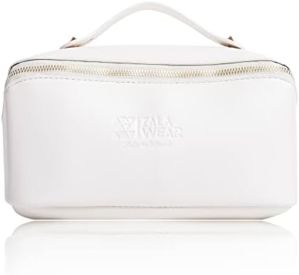 ZALA WEAR Large Capacity Travel Lay Flat Makeup Bag with Mirror – Faux Leather Make Up Traveling Organizer Bag Case for Women – Multifunctional Waterproof Cosmetic Toiletry Skincare Bag (White)