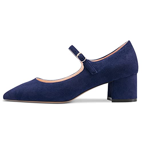 Aachcol Women Pumps Mary Jane Pointed Toe Ankle Strap Chunky Block Mid Low Heel Dress Shoes Suede Wedding Shopping 2 Inch2