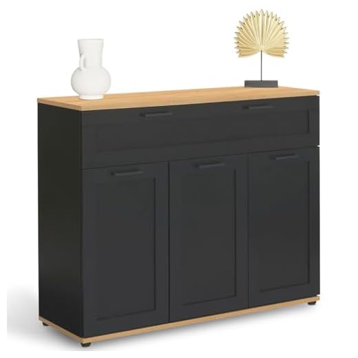 IDMarket - Buffet 100 cm VITO 3 Portes et 1 tiroir Noir et Plateau Bois