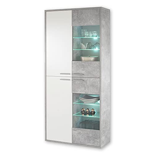 MOUNTAIN Große Vitrine in Beton Optik, Weiß Hochglanz - Moderner Vitrinenschrank mit LED-Beleuchtung und viel Stauraum - 90 x 197 x 37 cm (B/H/T)