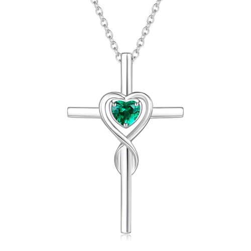 FANCIME Emerald Cross Necklace For Women Sterling Silver Birthstone Necklace Emerald Infinity Heart Cross Pendant May Birthstone Jewelry Gifts for Women